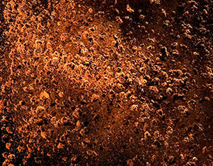 Surface texturee de couleur brun-orangee, presentant des motifs irreguliers et des asperites.