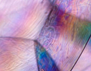 Abstract close-up of colorful, iridescent patterns resembling light refracted through a soap bubble.