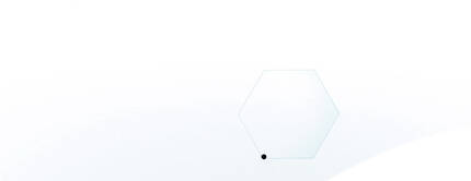 Un fond blanc avec une forme hexagonale translucide et un petit point noir en bas a gauche.