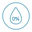 Icon of a water droplet inside a circle with "0%" written inside, indicating zero percent water content.