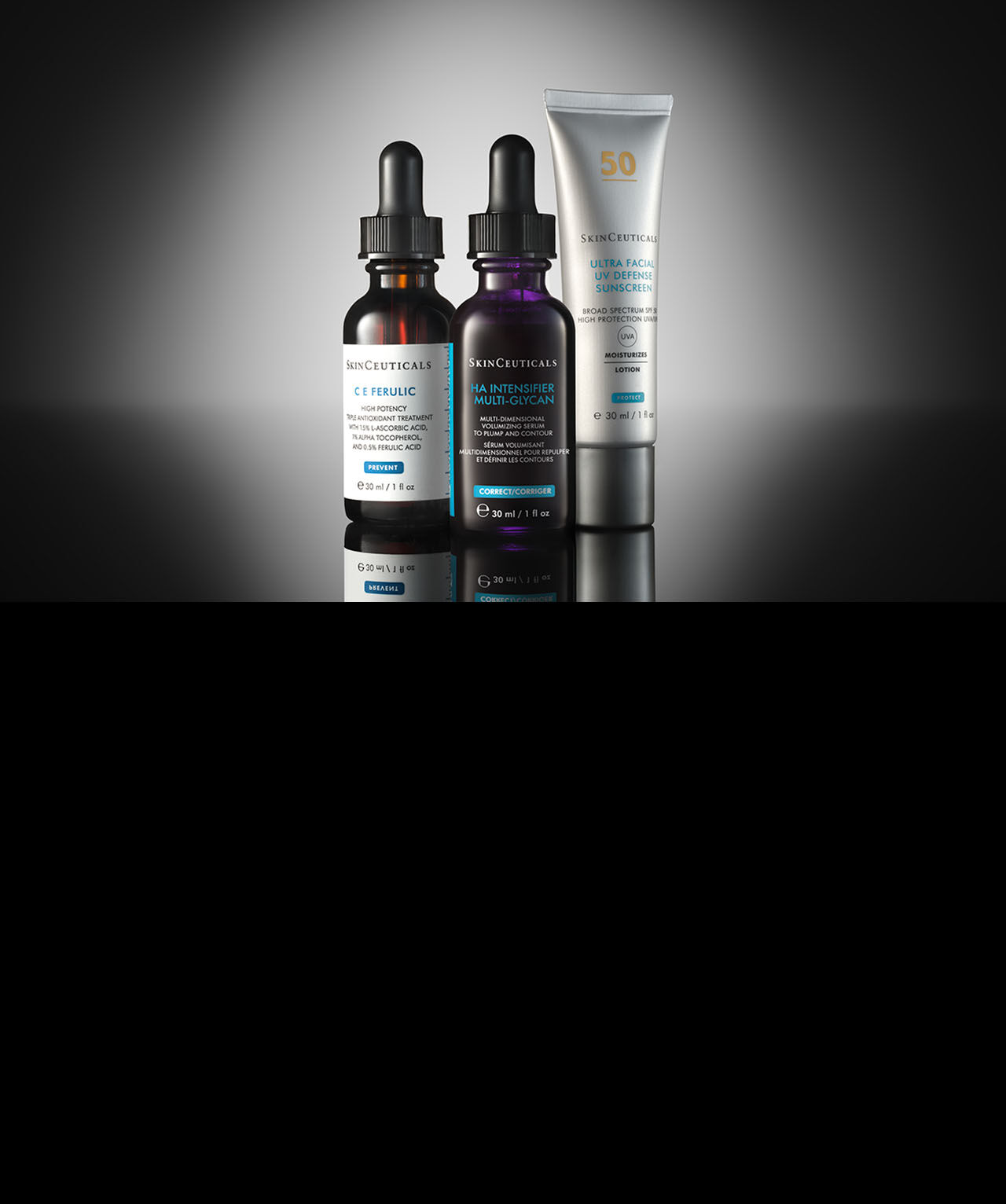 Deux ecrans solaires SkinCeuticals SPF 50 15 ml : Ultra Facial UV Defense et Advanced Brightening UV Defense ainsi que deux serums antioxydants : C E Ferulic et Phloretin CF presentes sur fond noir.  