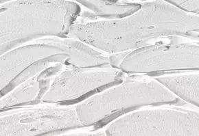 Gros plan sur une surface blanche lisse et brillante aux motifs ondules evoquant une texture de gel.