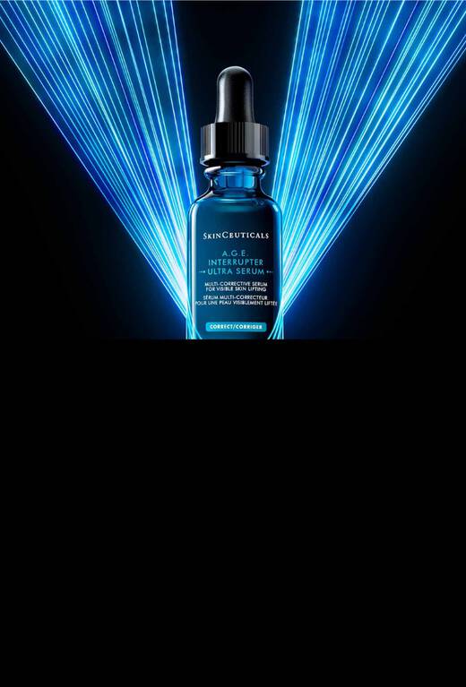 Flacon de SkinCeuticals A.G.E. Interrupter Ultra Serum avec des faisceaux de lumiere bleue emanant de sa base.
