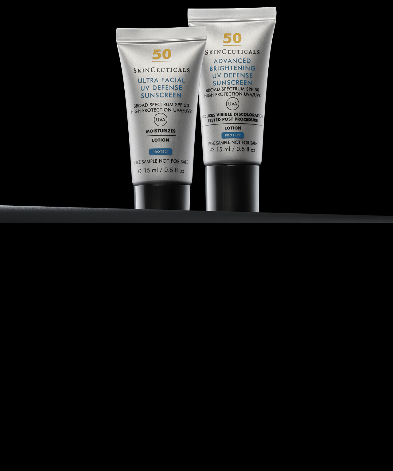 Trois flacons de serum avec compte-gouttes sur fond noir, chacun etiquete avec des inscriptions distinctes.