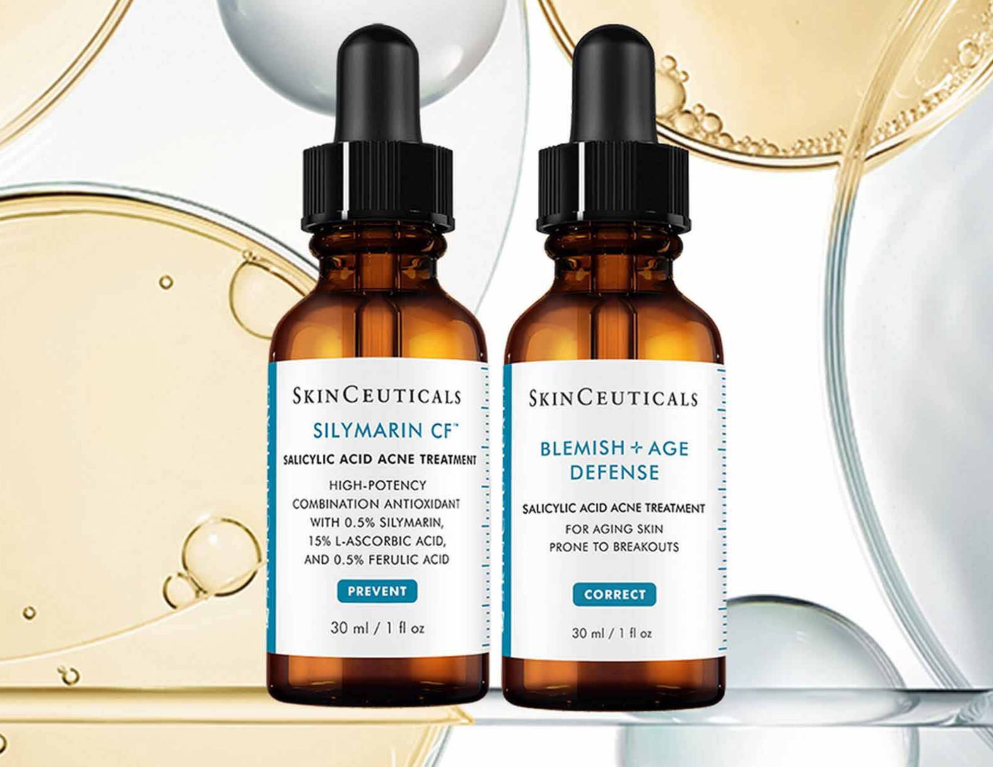 Deux flacons de serum de la marque SkinCeuticals, l'un pour le traitement anti-acne et l'autre pour les imperfections et le vieillissement de la peau, avec des gouttes a pipette sur un fond de textures de produits de soin.