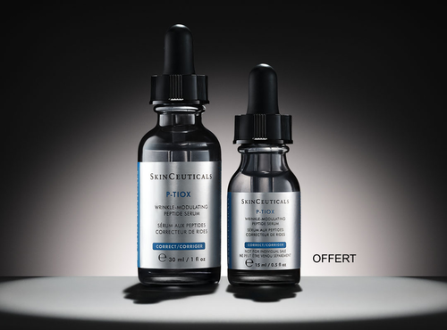 Trois serums SkinCeuticals : H.A. Intensifier, A.G.E. Interrupter Ultra Serum et P-TIOX sur un fond sombre avec un halo de lumiere.