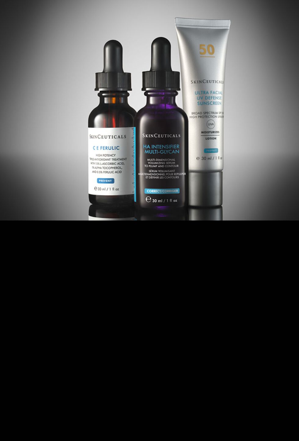 Deux ecrans solaires SkinCeuticals SPF 50 15 ml : Ultra Facial UV Defense et Advanced Brightening UV Defense ainsi que deux serums antioxydants : C E Ferulic et Phloretin CF presentes sur fond noir.  