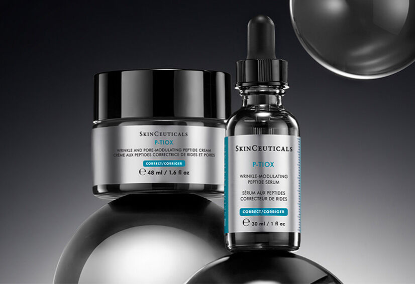 Flacon de serum P-TIOX de SkinCeuticals, destine a reduire les rides et ameliorer la texture de la peau.