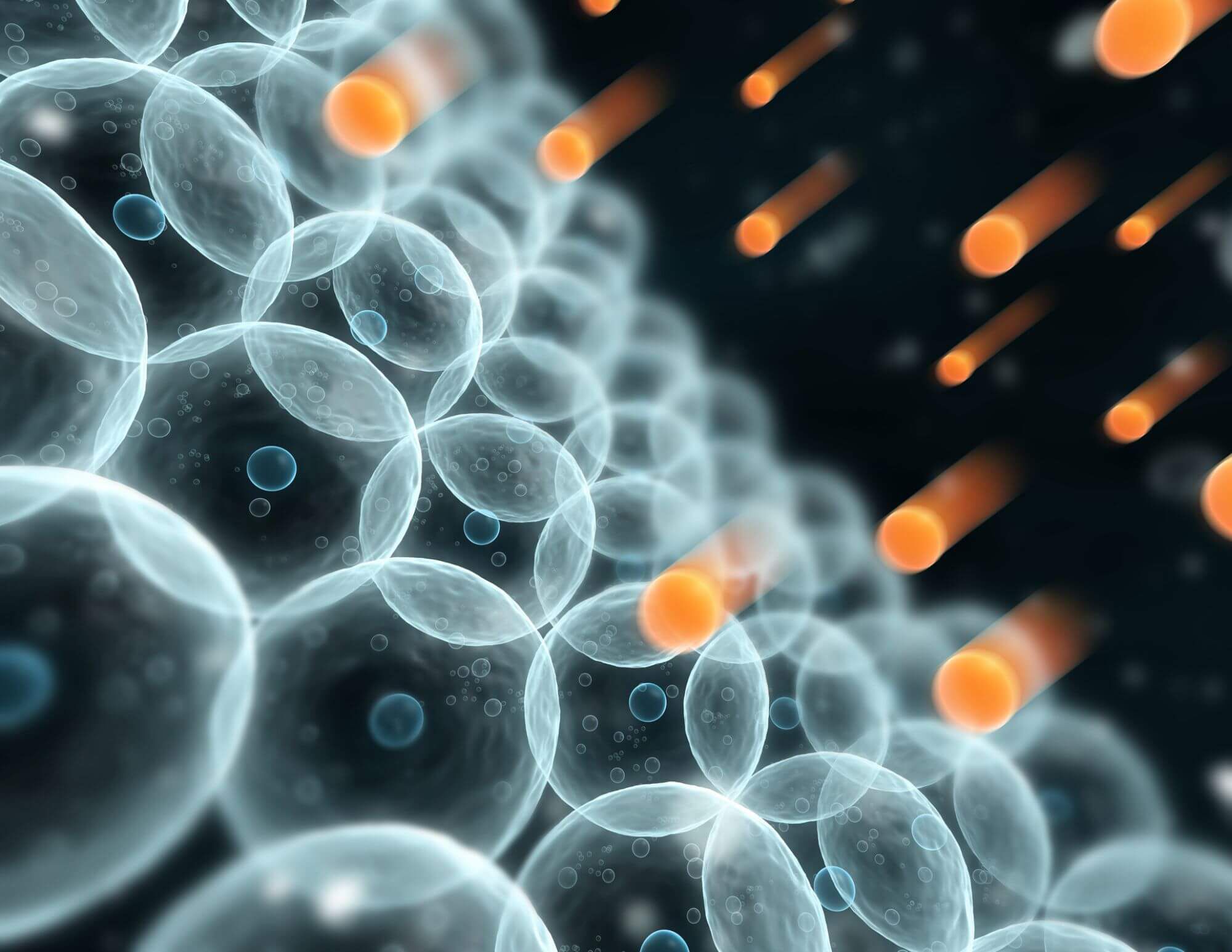Des cellules transparentes en forme de spheres sont mises en evidence sur un fond sombre, avec des particules orange en mouvement qui semblent les traverser.