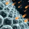 Des cellules transparentes en forme de spheres sont mises en evidence sur un fond sombre, avec des particules orange en mouvement qui semblent les traverser.