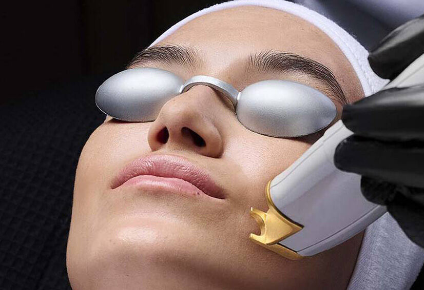 Femme allongee lors d'un soin esthetique, portant une protection oculaire, avec un appareil laser au-dessus d'elle.