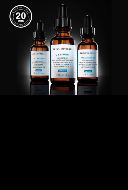 Bouteilles de serums SkinCeuticals avec etiquettes, accompagnees d'un logo celebrant le 20eme anniversaire de la marque.