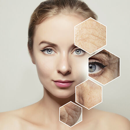 Une femme avec un visage lisse et une portion agrandie montrant des rides et des details de peau, le tout dans un montage hexagonal.