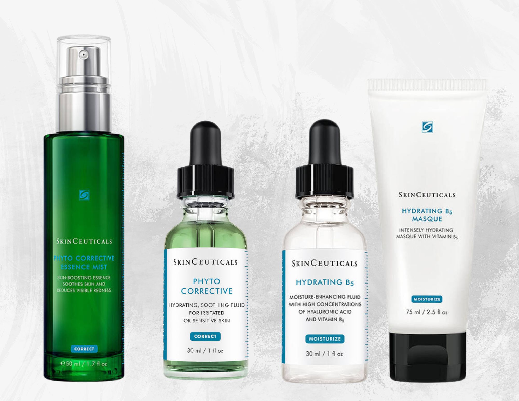 Quatre produits de soin pour la peau de SkinCeuticals, dont un spray, deux serums et un masque hydratant, presentes sur un fond leger.