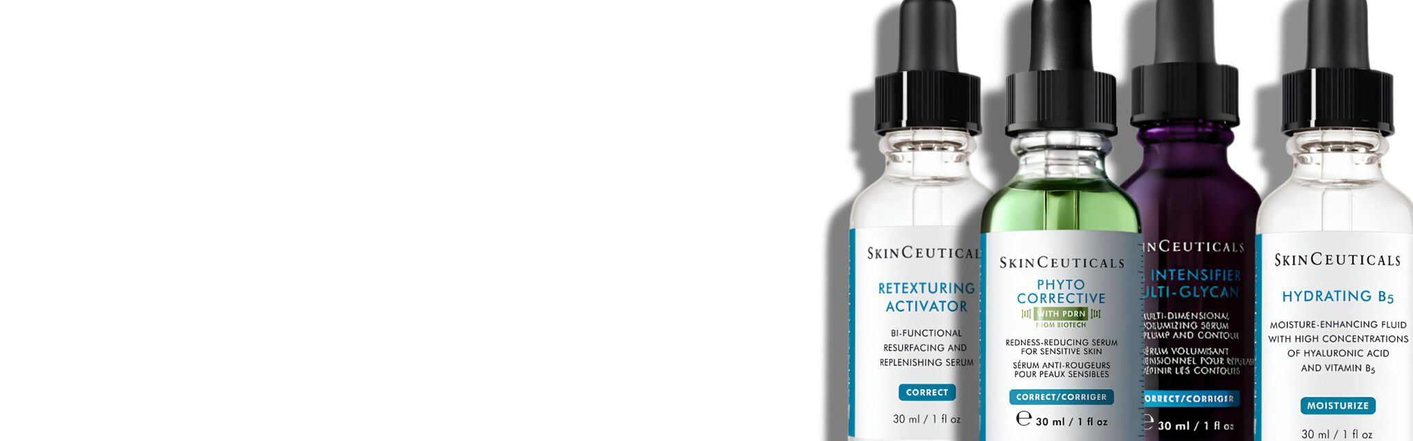 Quatre flacons de serums de soins de la peau sur fond blanc, chacun avec une etiquette indiquant son nom et ses ingredients.