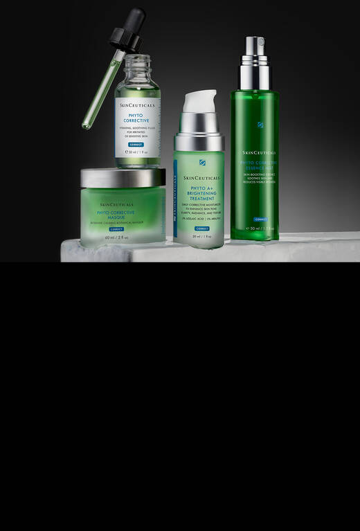 Quatre produits de soins de la peau de la marque SkinCeuticals, comprenant des flacons et un pot, presentes avec un fond noir et des lignes rouges lumineuses.